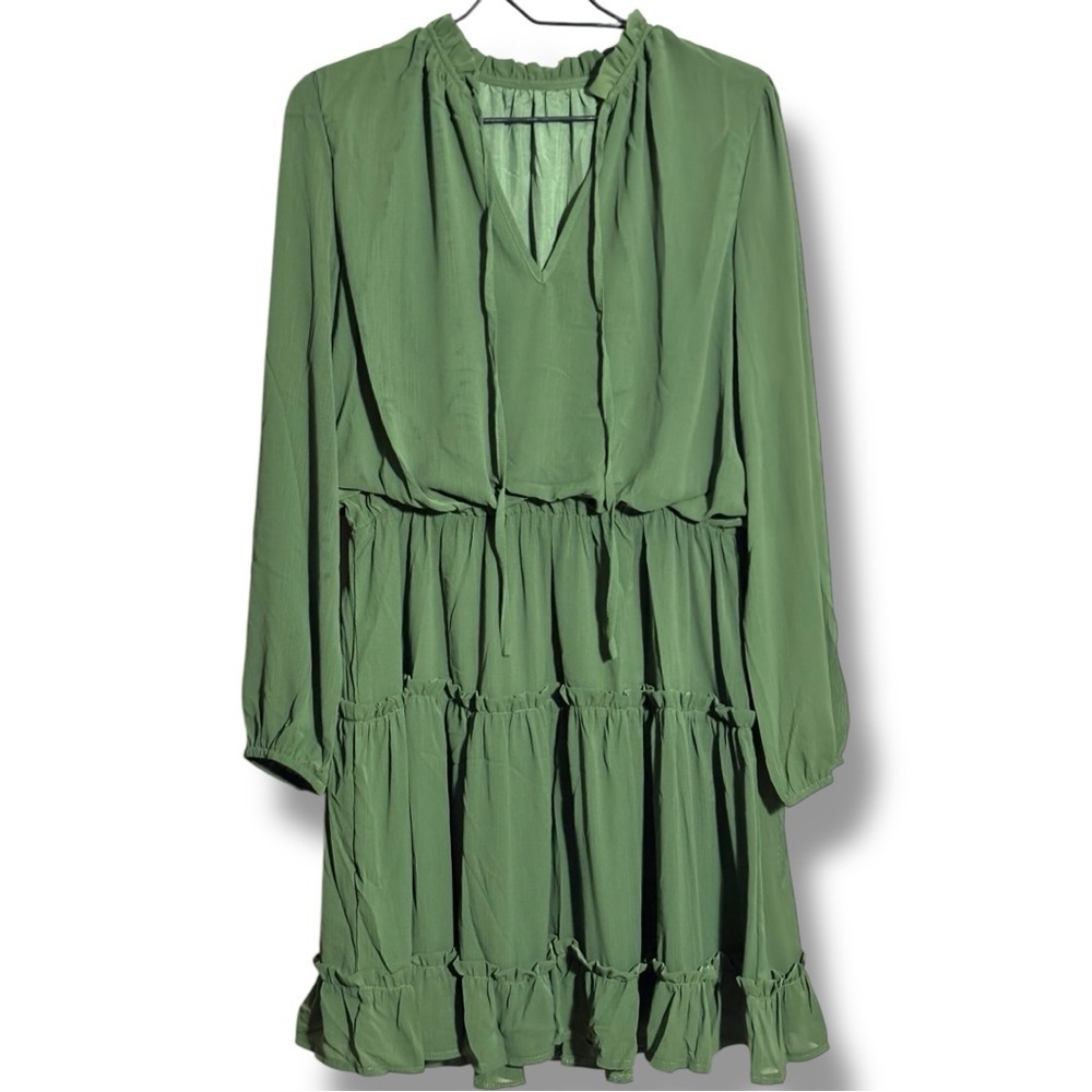 Amazon Army Green Ruffled Tiered V Neck Tie Loose Fit Long Sleeve Mini Sundress - Picture 14 of 16